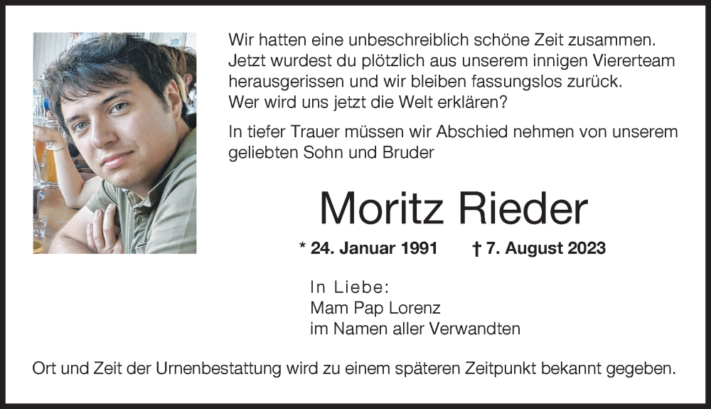  Traueranzeige für Moritz Rieder vom 12.08.2023 aus Augsburger Allgemeine