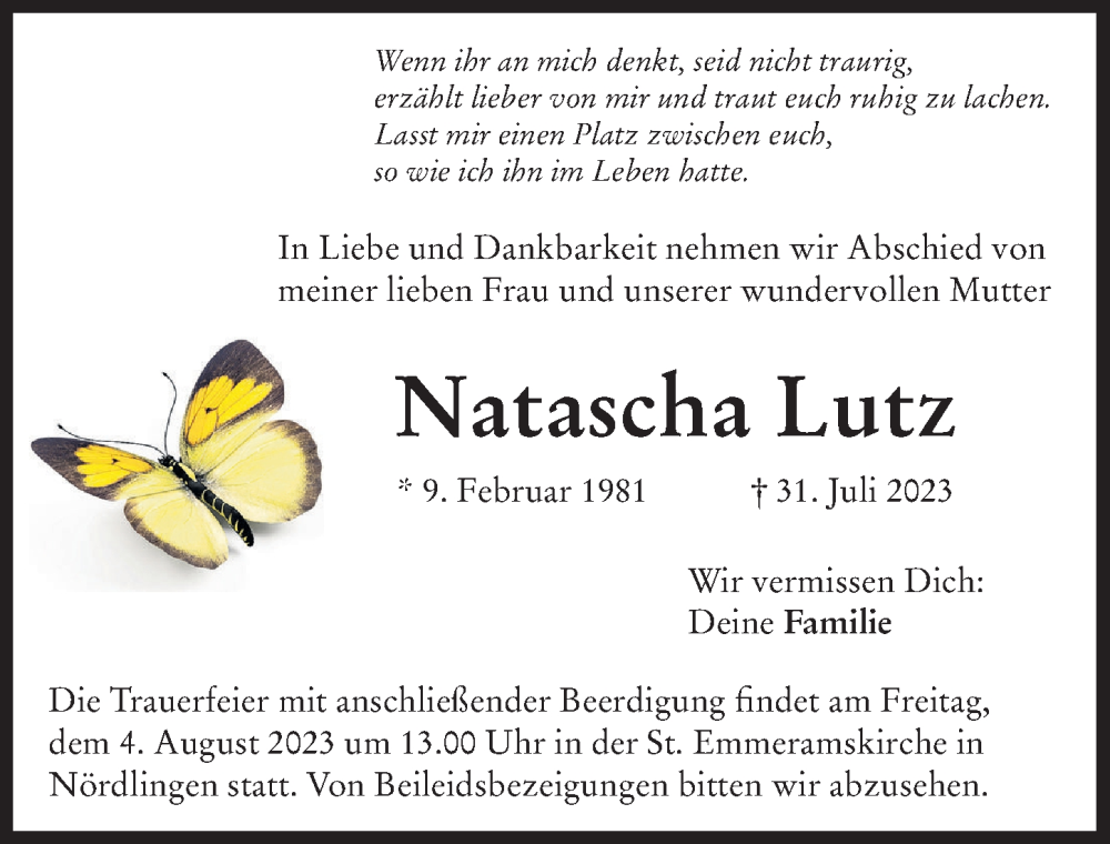  Traueranzeige für Natascha Lutz vom 02.08.2023 aus Rieser Nachrichten