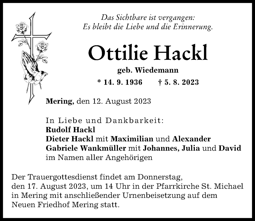 Traueranzeige von Ottilie Hackl von Friedberger Allgemeine