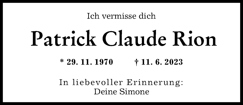 Traueranzeige von Patrick Claude Rion von Augsburger Allgemeine