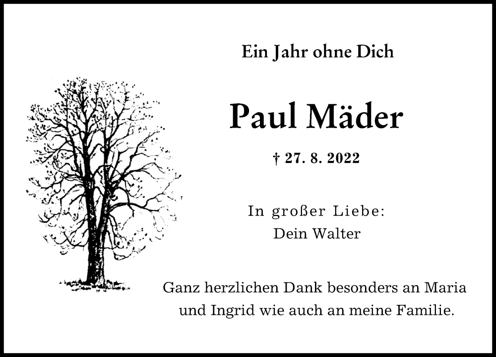 Traueranzeige von Paul Mäder von Augsburger Allgemeine