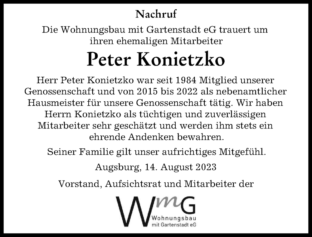 Traueranzeige von Peter Konietzko von Augsburger Allgemeine