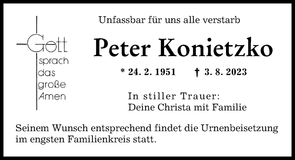 Traueranzeige von Peter Konietzko von Augsburger Allgemeine