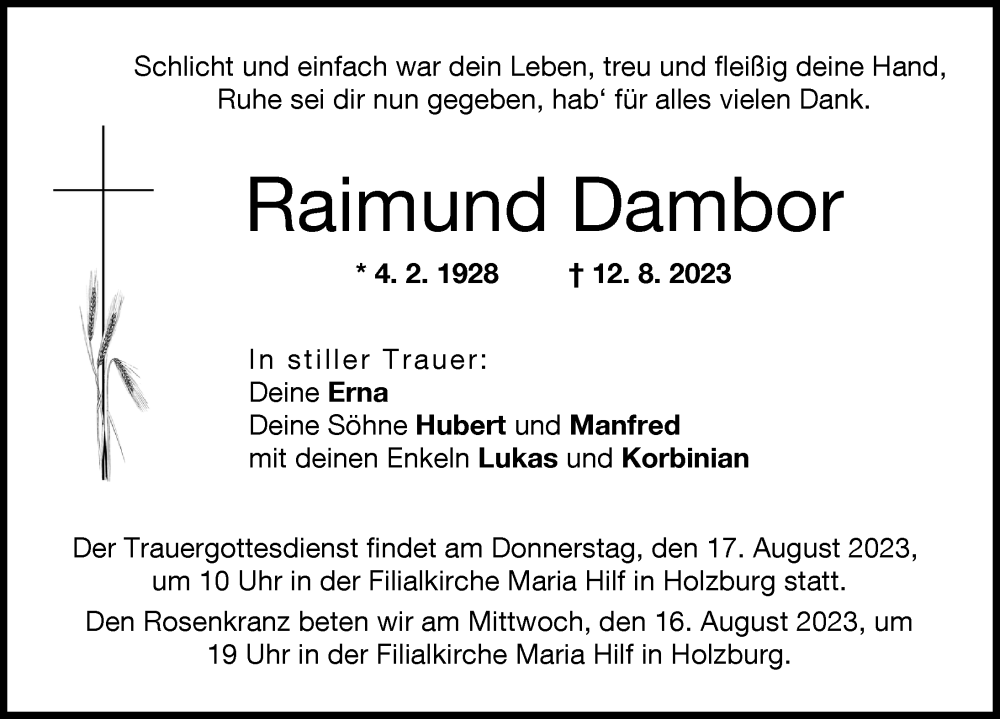 Traueranzeige von Raimund Dambor von Friedberger Allgemeine