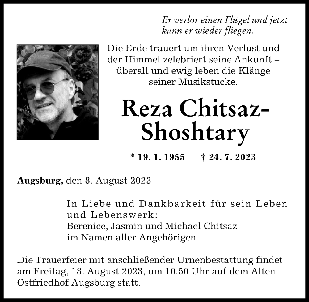 Traueranzeige von Reza Chitsaz-Shoshtary von Augsburger Allgemeine