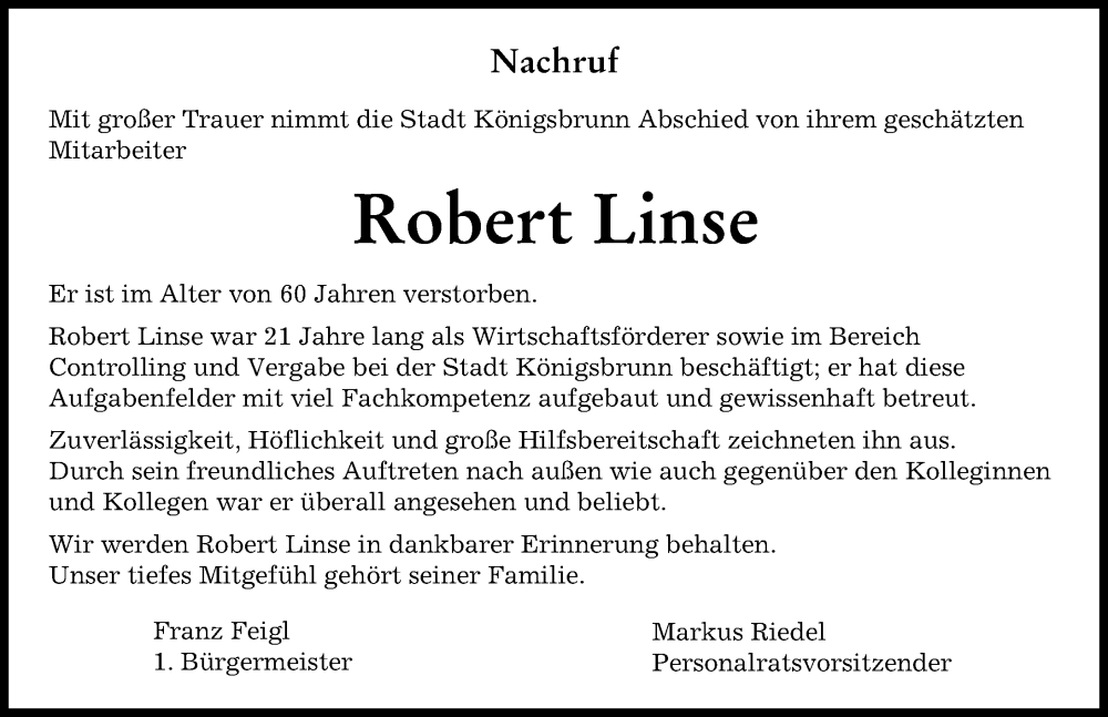 Traueranzeige von Robert Linse von Augsburger Allgemeine