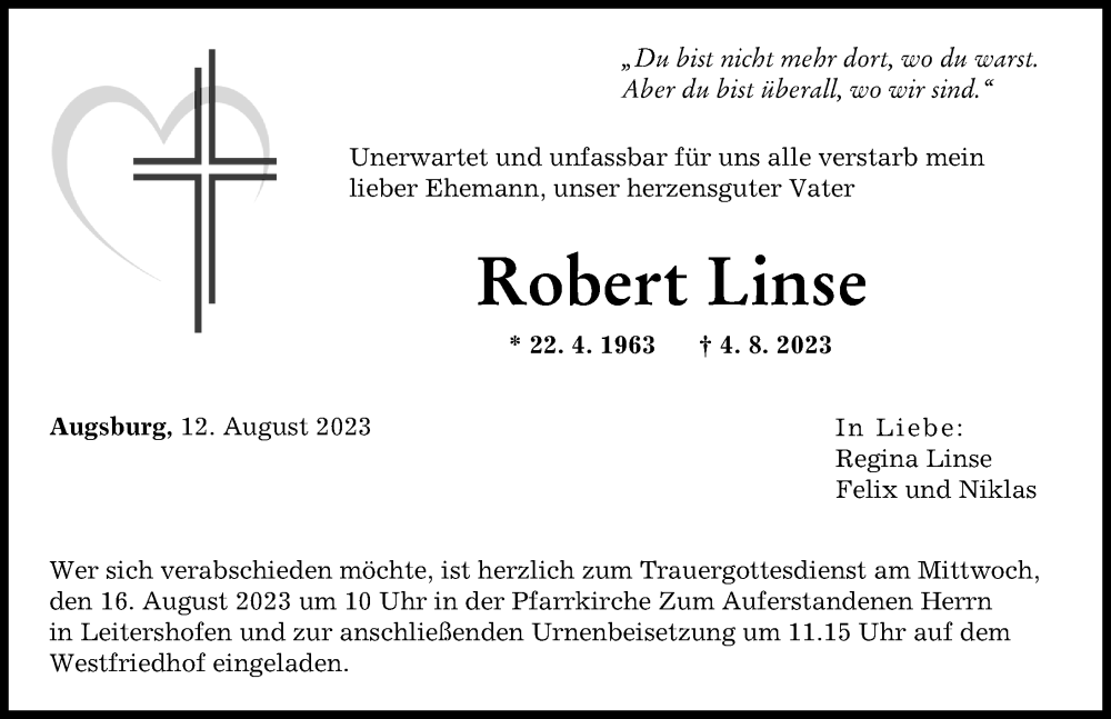 Traueranzeige von Robert Linse von Augsburger Allgemeine