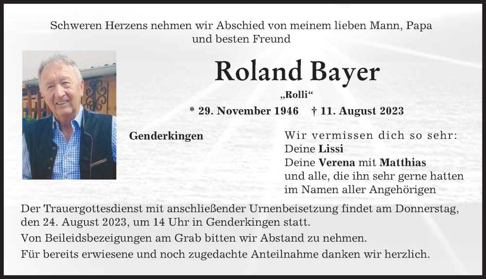 Traueranzeige von Roland Bayer von Donauwörther Zeitung