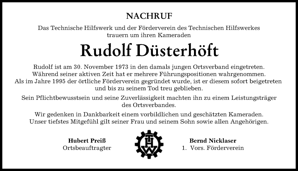 Traueranzeige von Rudolf Düsterhöft von Donau Zeitung