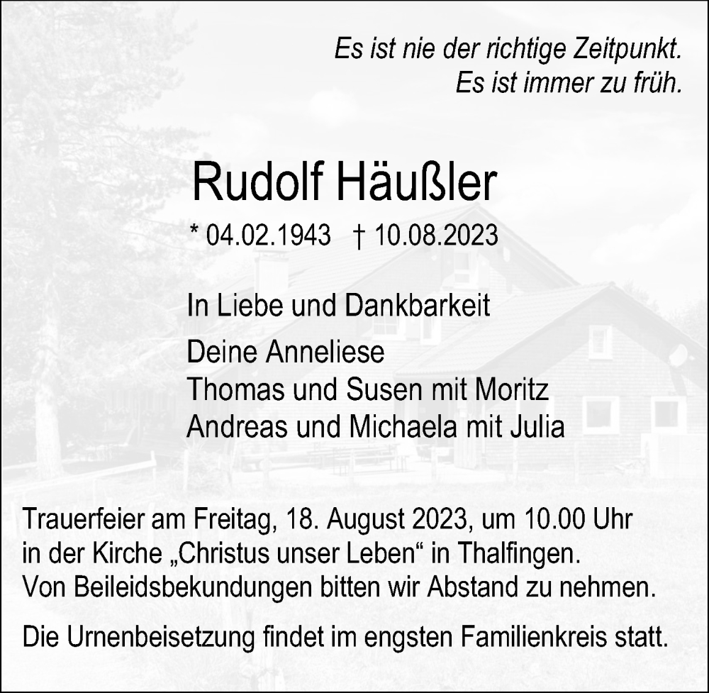 Traueranzeige von Rudolf Häußler von Augsburger Allgemeine, Neu-Ulmer Zeitung