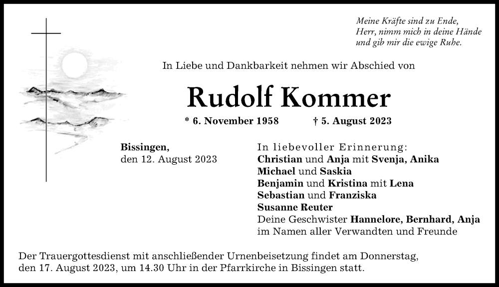 Traueranzeige von Rudolf Kommer von Donau Zeitung