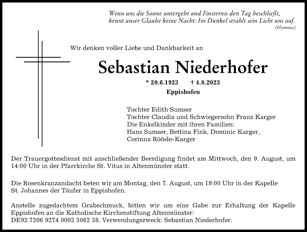 Traueranzeigen Von Sebastian Niederhofer Augsburger Allgemeine Zeitung