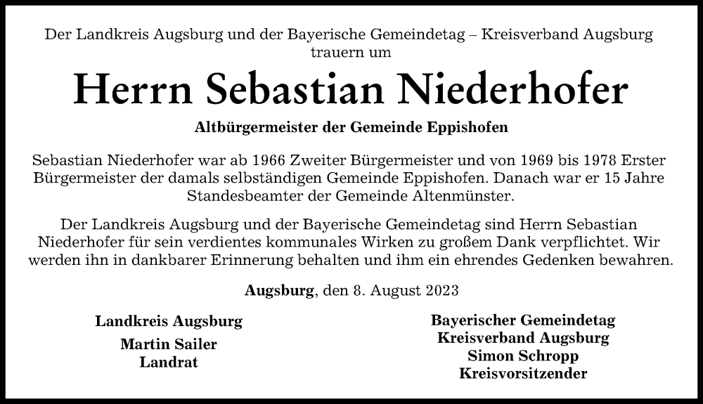 Traueranzeigen Von Sebastian Niederhofer Augsburger Allgemeine Zeitung