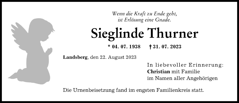 Traueranzeige von Sieglinde Thurner von Landsberger Tagblatt