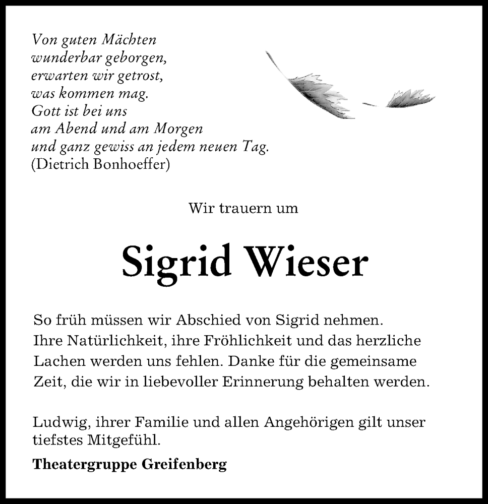  Traueranzeige für Sigrid Wieser vom 14.08.2023 aus Landsberger Tagblatt