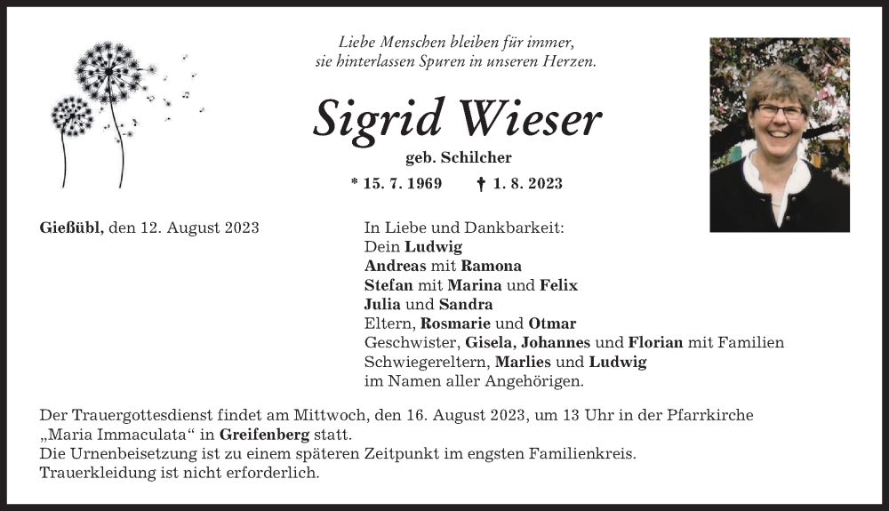  Traueranzeige für Sigrid Wieser vom 12.08.2023 aus Landsberger Tagblatt