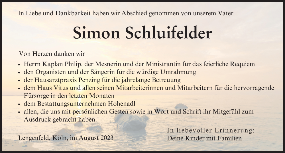 Traueranzeige von Simon Schluifelder von Landsberger Tagblatt