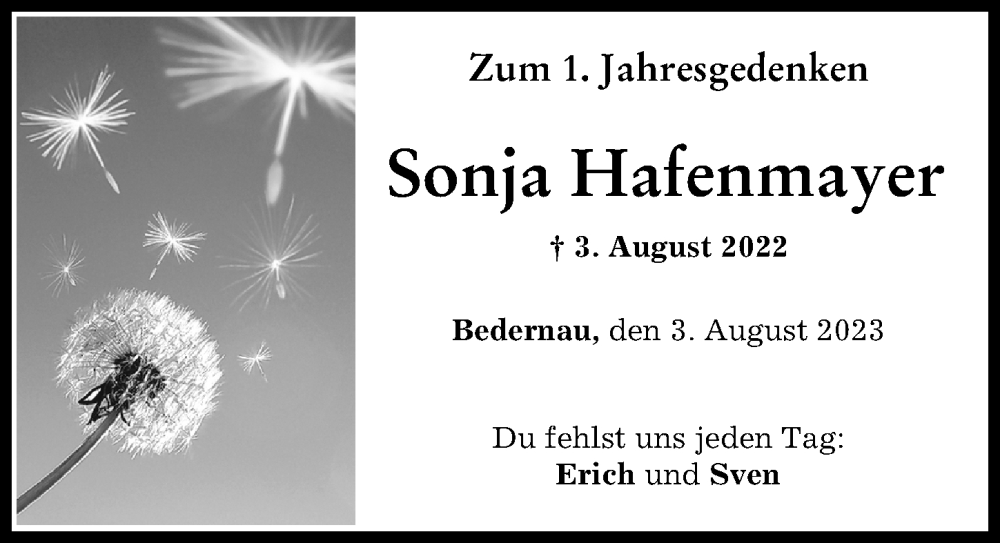  Traueranzeige für Sonja Hafenmayer vom 03.08.2023 aus Mindelheimer Zeitung