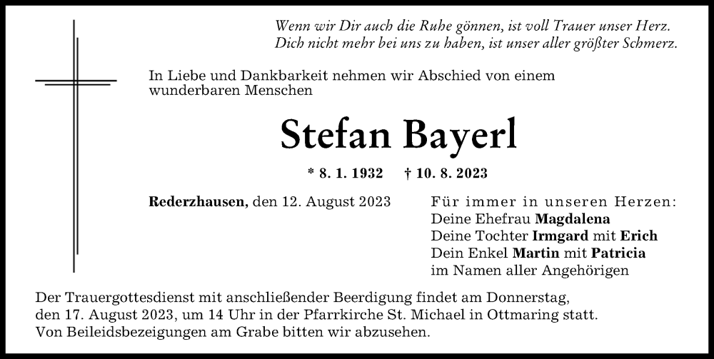 Traueranzeige von Stefan Bayerl von Friedberger Allgemeine