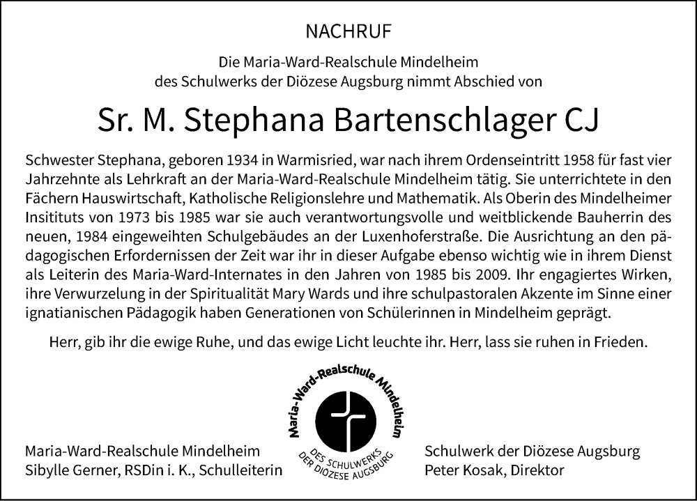 Traueranzeige von Stephana Bartenschlager von Neuburger Rundschau, Mindelheimer Zeitung