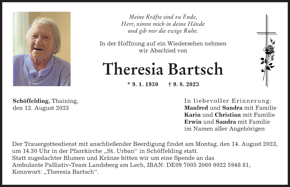 Traueranzeige von Theresia Bartsch von Landsberger Tagblatt