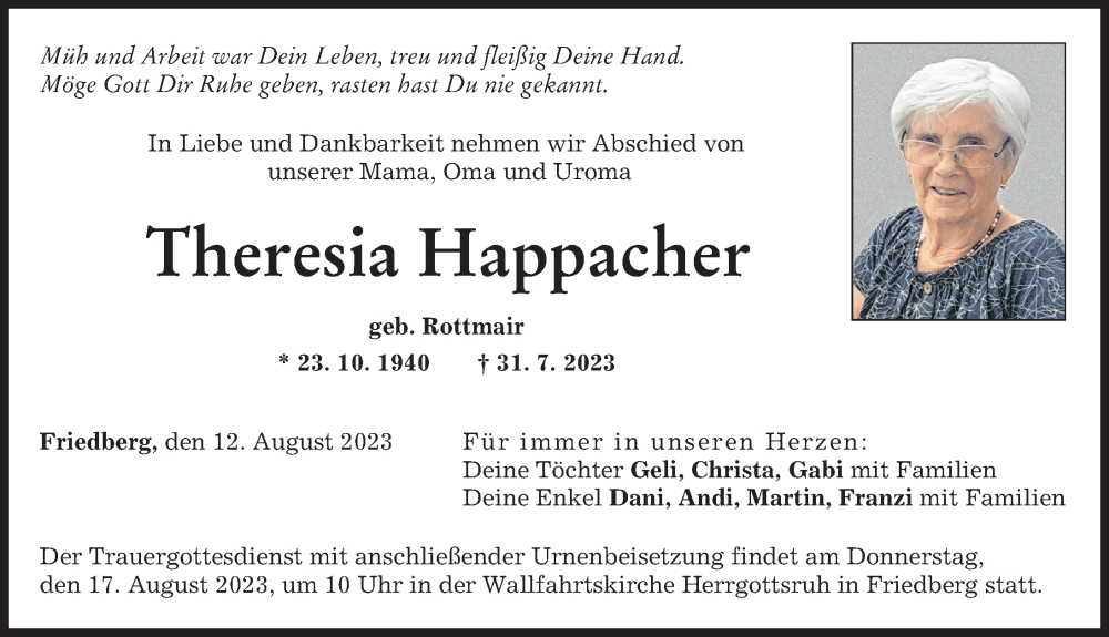 Traueranzeige von Theresia Happacher von Friedberger Allgemeine, Augsburger Allgemeine