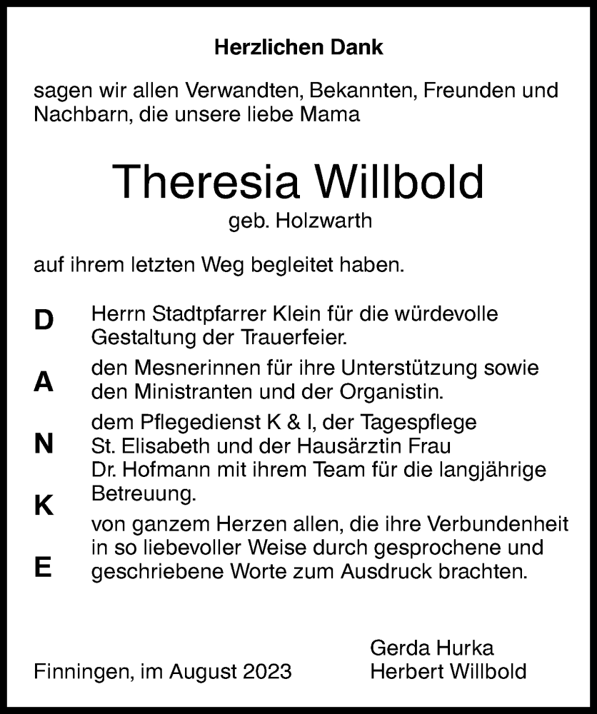 Traueranzeige von Theresia Willbold von Augsburger Allgemeine, Neu-Ulmer Zeitung