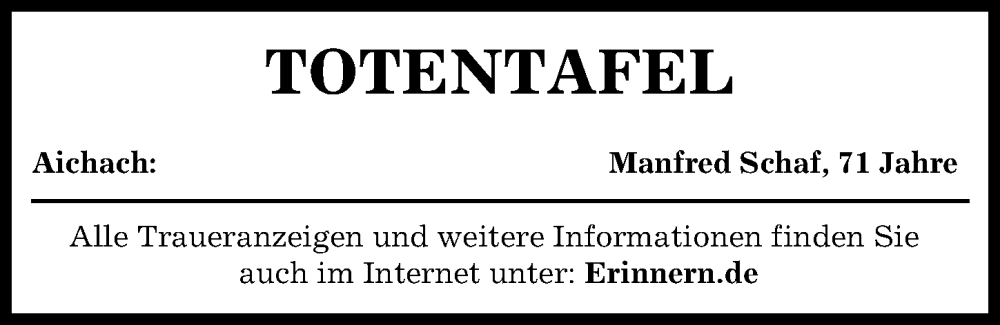 Traueranzeige von Totentafel vom 12.08.2023 von Aichacher Nachrichten