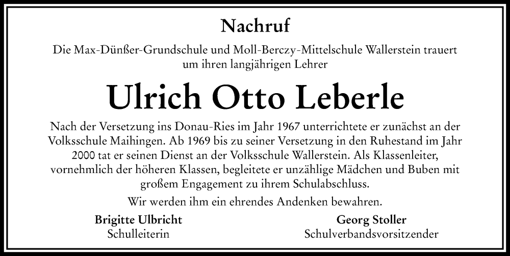 Traueranzeige von Ulrich Otto Leberle von Rieser Nachrichten