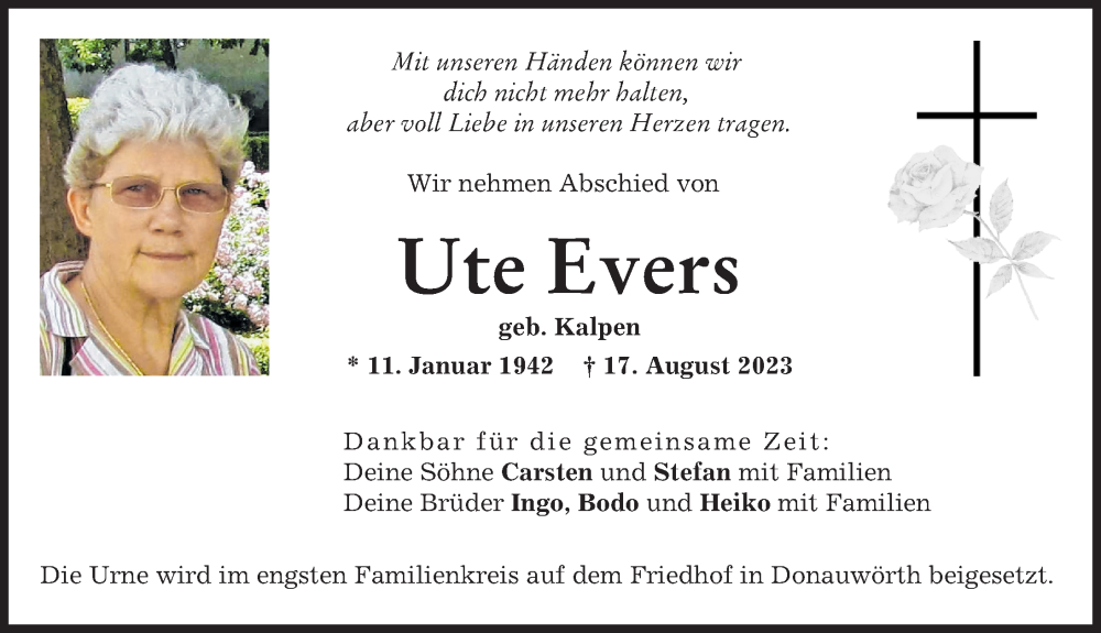 Traueranzeige von Ute Evers von Donauwörther Zeitung