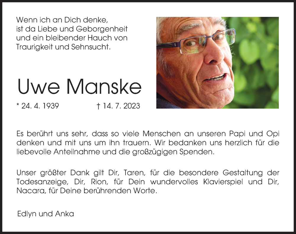 Traueranzeige von Uwe Manske von Augsburger Allgemeine