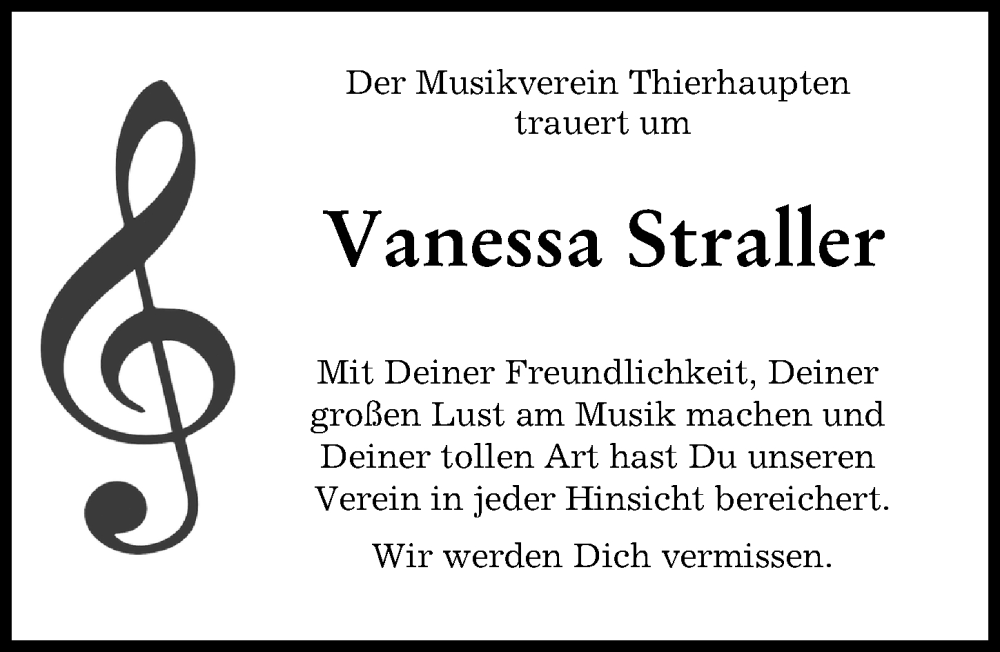  Traueranzeige für Vanessa Straller vom 30.08.2023 aus Augsburg-Land