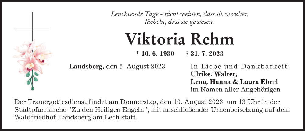 Traueranzeige von Viktoria Rehm von Landsberger Tagblatt