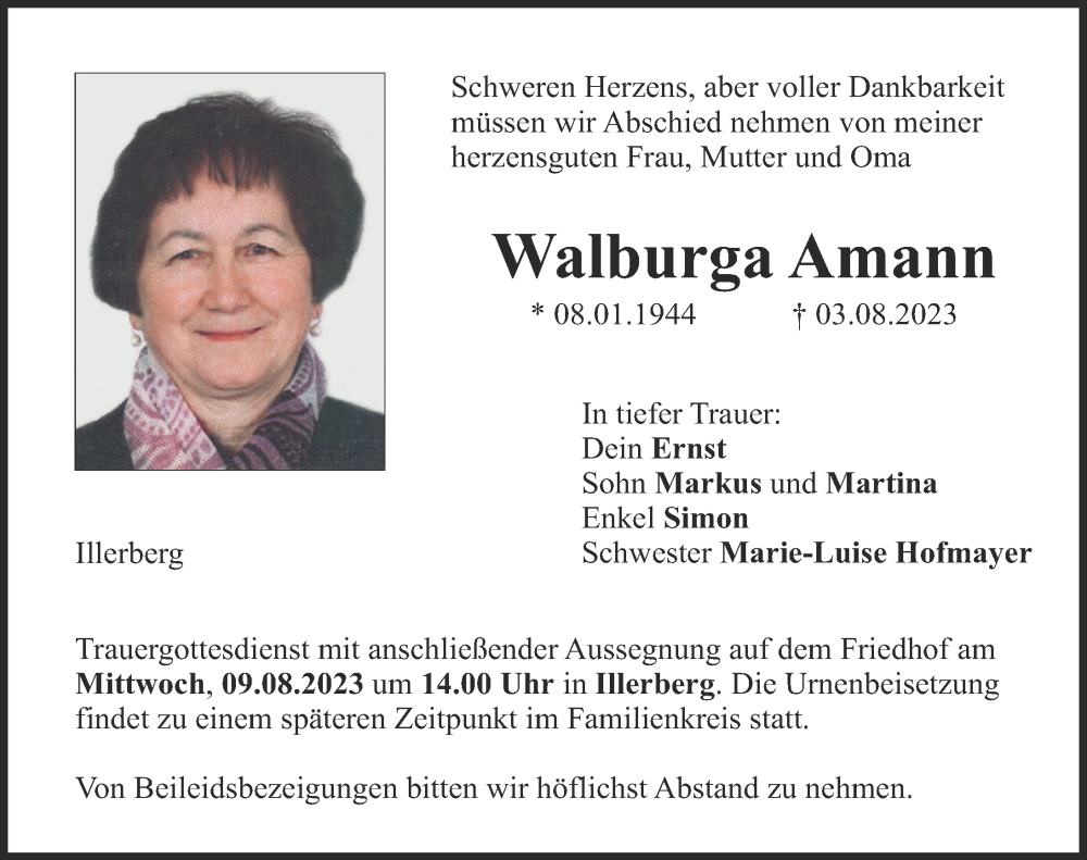  Traueranzeige für Walburga Amann vom 07.08.2023 aus Neu-Ulmer Zeitung, Illertisser Zeitung