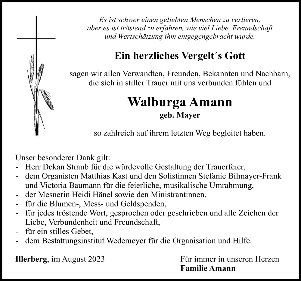  Traueranzeige für Walburga Amann vom 26.08.2023 aus Neu-Ulmer Zeitung, Illertisser Zeitung