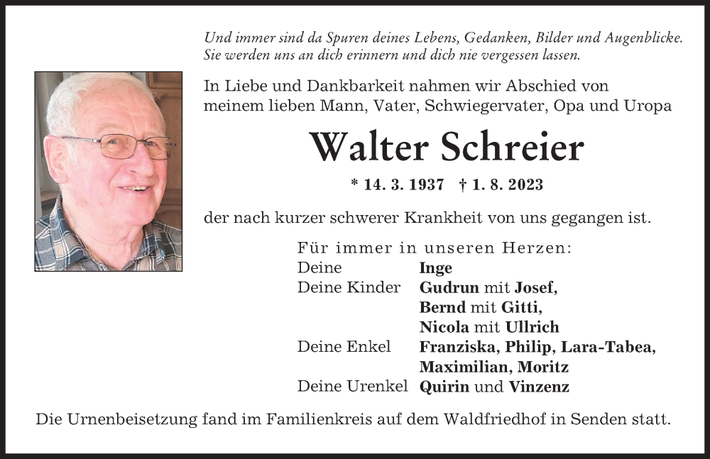 Traueranzeige von Walter Schreier von Neu-Ulmer Zeitung