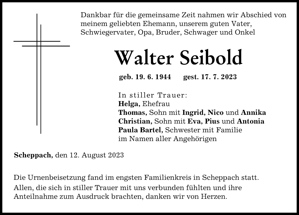 Traueranzeige von Walter Seibold von Günzburger Zeitung