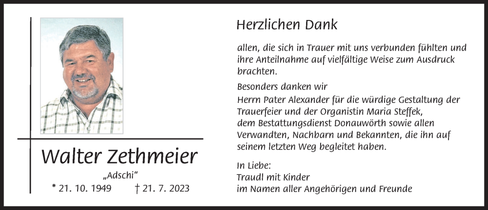 Traueranzeige von Walter Zethmeier von Donauwörther Zeitung