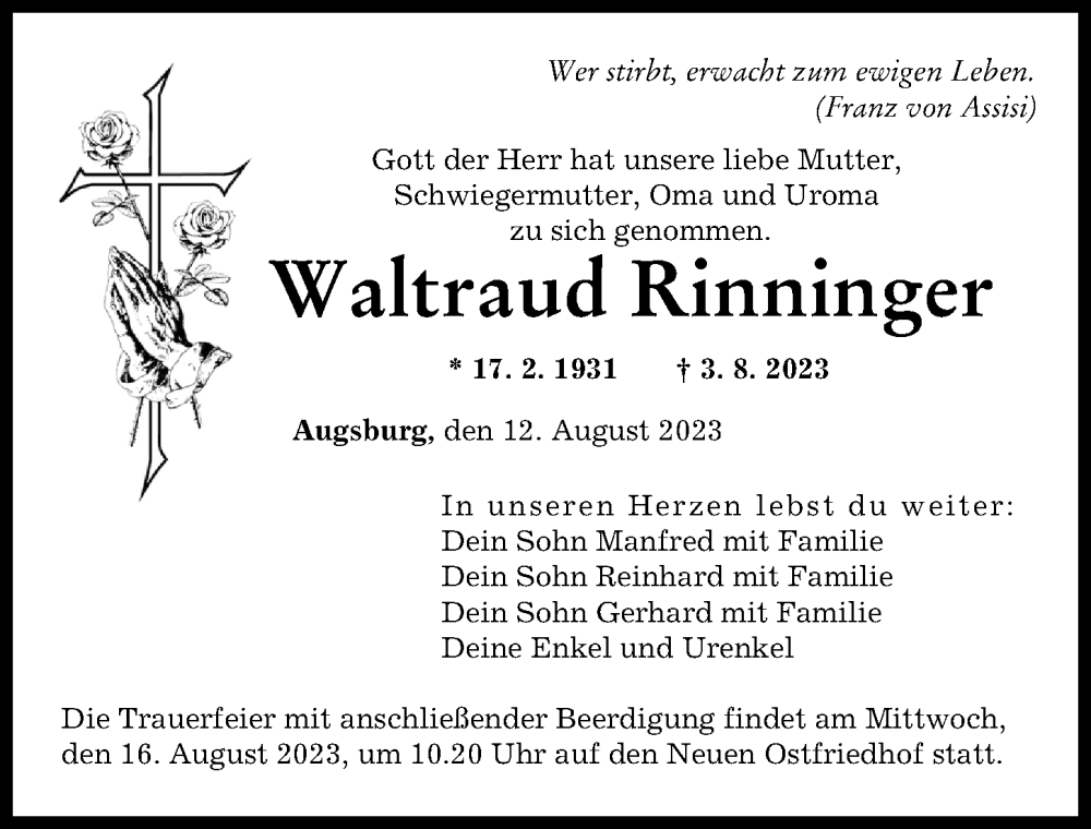 Traueranzeige von Waltraud Rinninger von Augsburger Allgemeine