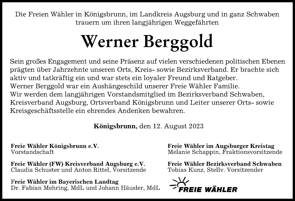 Traueranzeige von Werner Berggold von Schwabmünchner Allgemeine, Augsburg-Land
