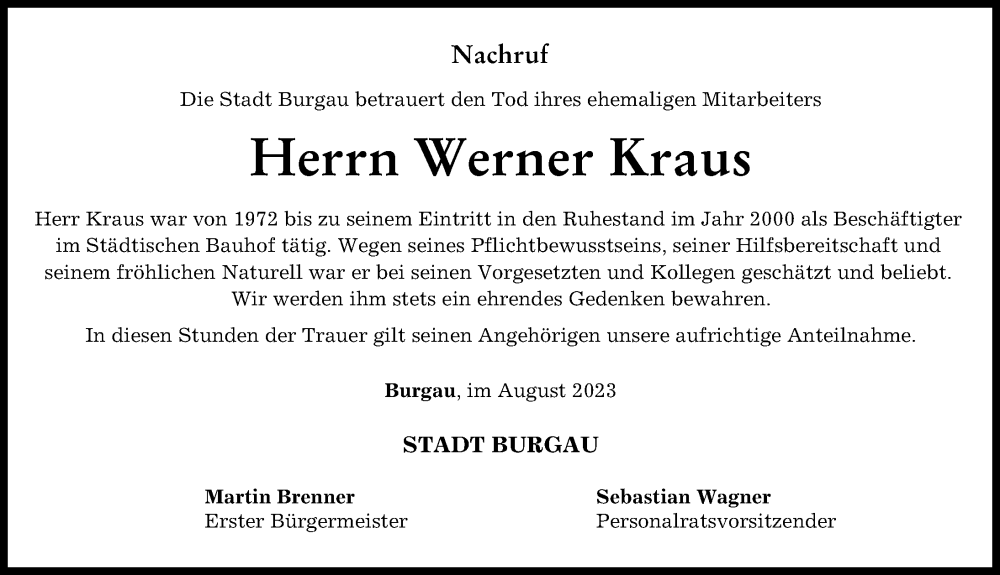 Traueranzeige von Werner Kraus von Günzburger Zeitung