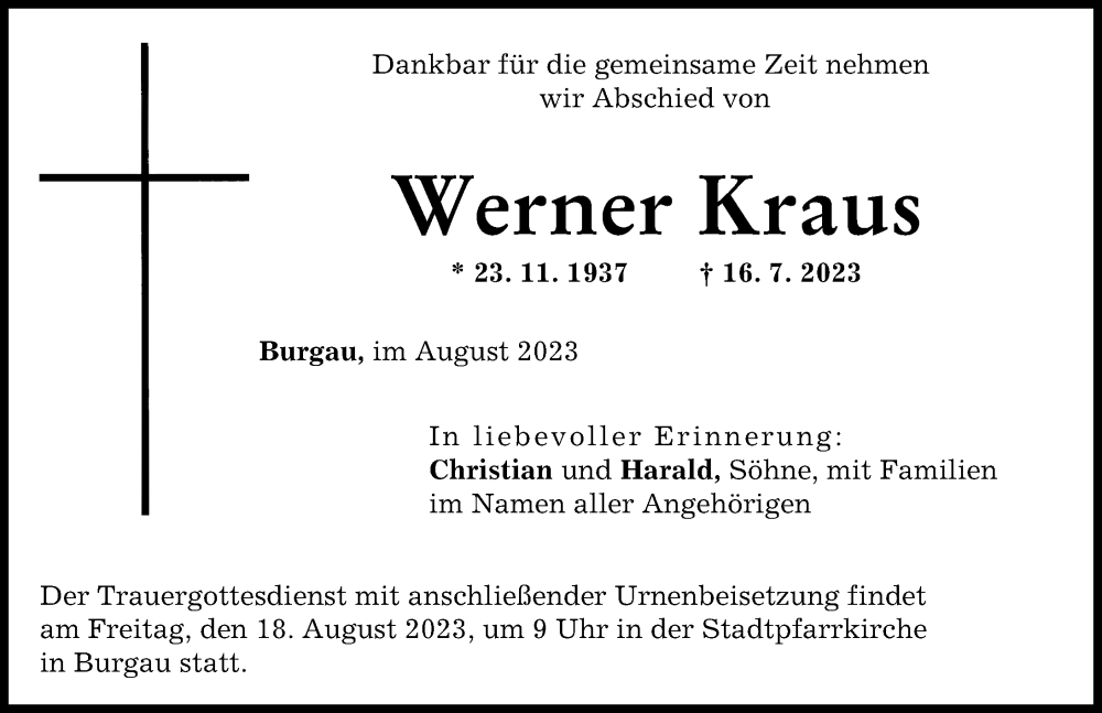 Traueranzeige von Werner Kraus von Günzburger Zeitung