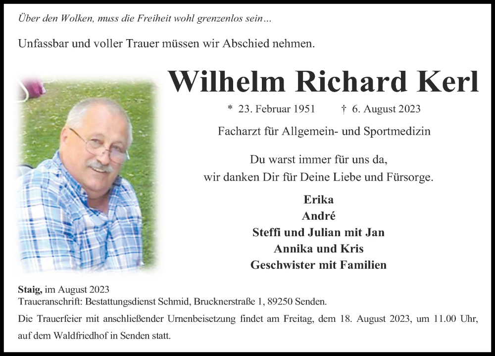 Traueranzeige von Wilhelm  Kerl von Augsburger Allgemeine, Neu-Ulmer Zeitung