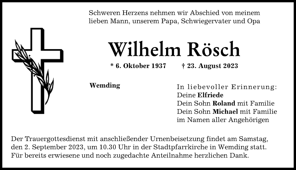 Traueranzeige von Wilhelm Rösch von Donauwörther Zeitung