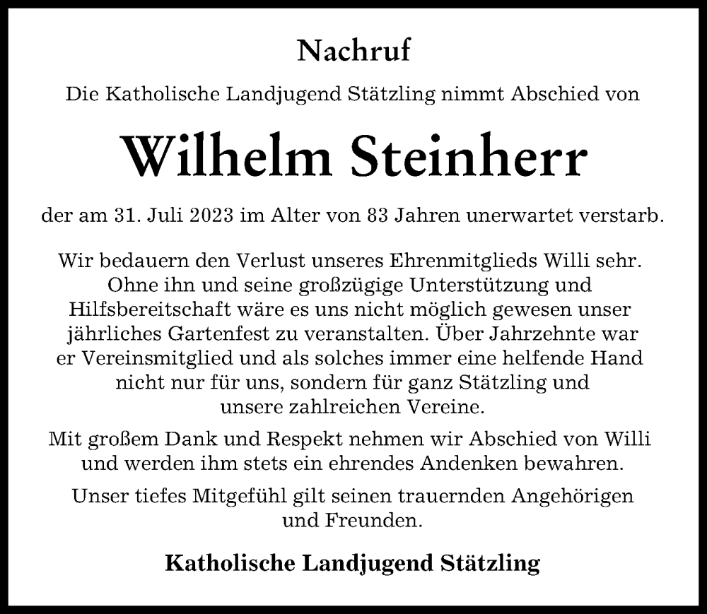 Traueranzeige von Wilhelm Steinherr von Friedberger Allgemeine