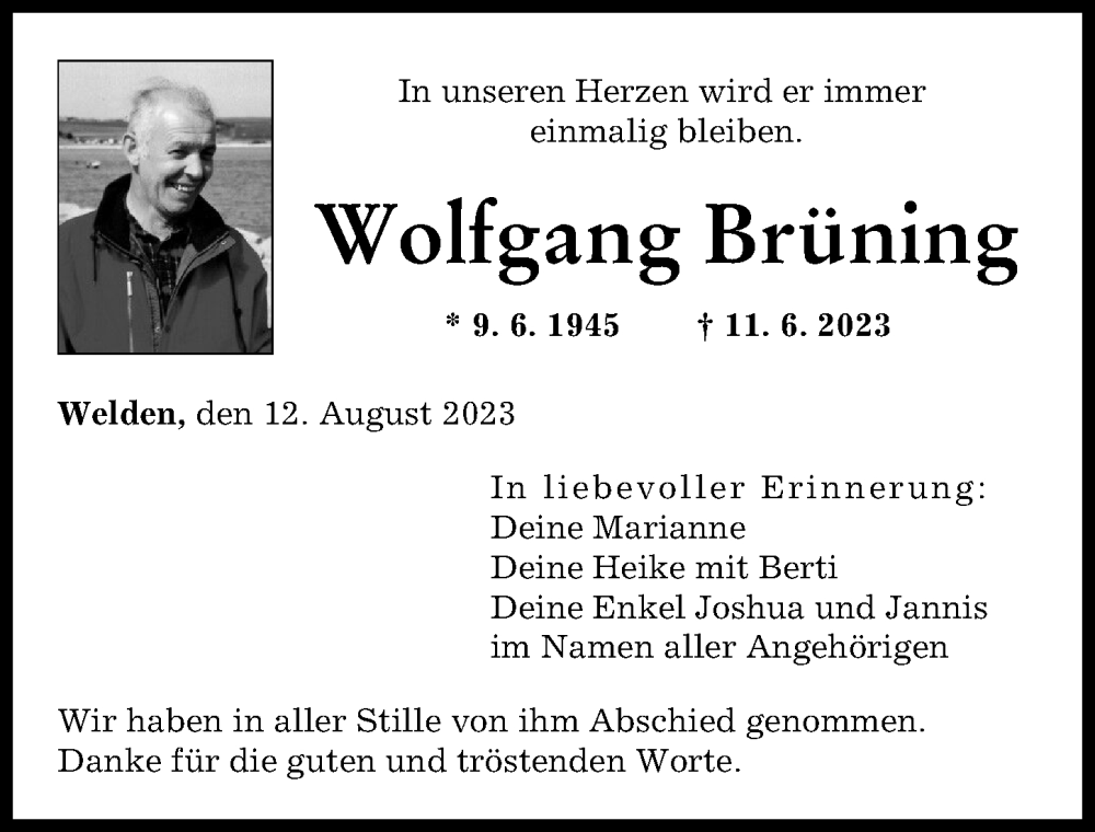 Traueranzeige von Wolfgang Brüning von Augsburg-Land