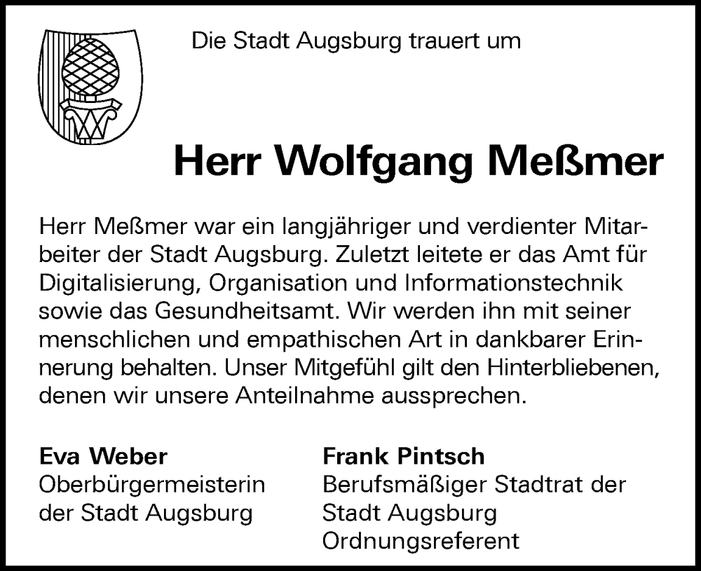  Traueranzeige für Wolfgang Meßmer vom 18.08.2023 aus Augsburger Allgemeine