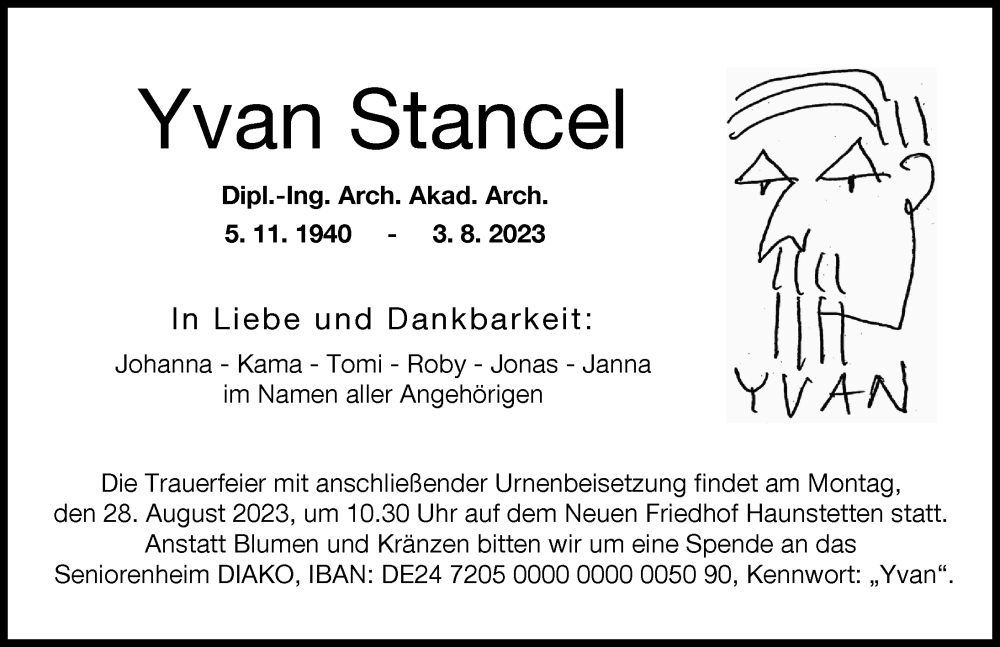 Traueranzeige von Yvan Stancel von Augsburger Allgemeine