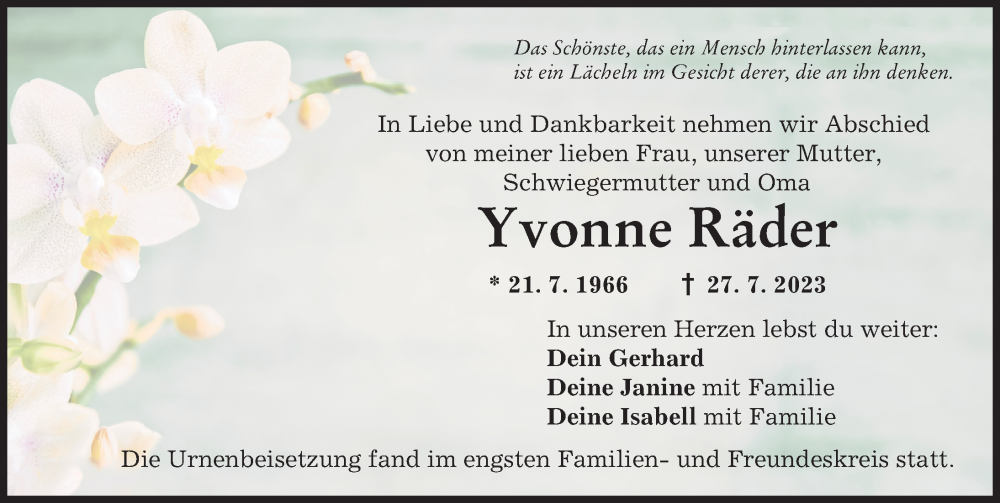 Traueranzeige von Yvonne Räder von Mittelschwäbische Nachrichten