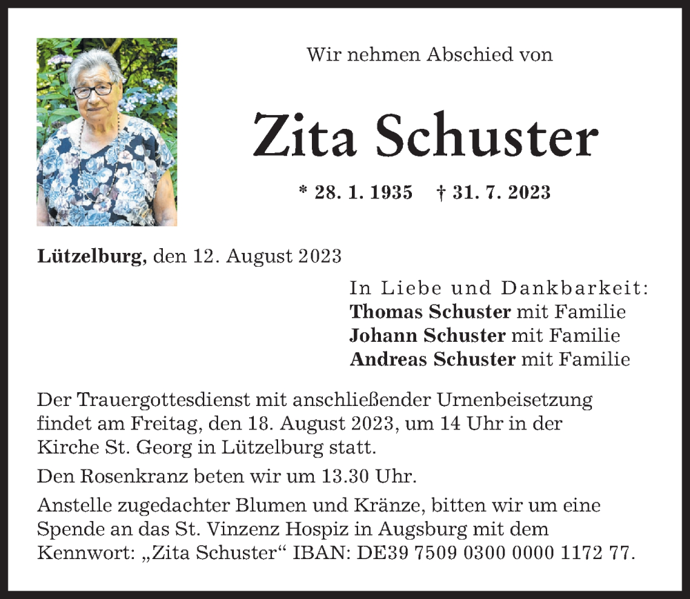 Traueranzeige von Zita Schuster von Augsburger Allgemeine